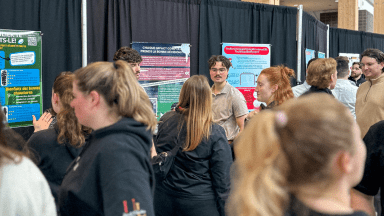 Personnes étudiantes discutant avec professeurs et mentors.