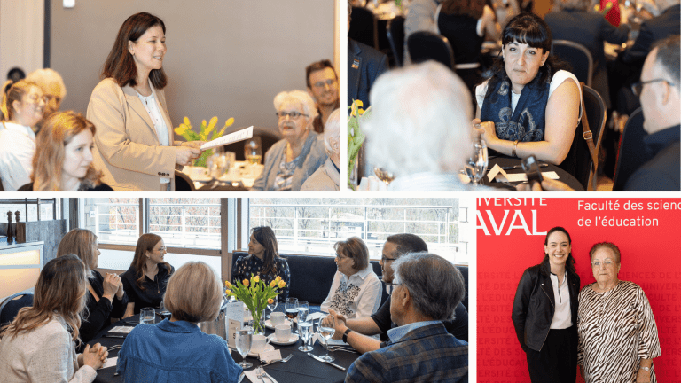 Anabelle Viau-Guay s'adresse à la salle, personnes discutant autour d'une table.